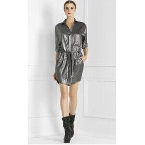 BCBGMAXAZRIA Metallic Gunmetal Grey Shirtdress